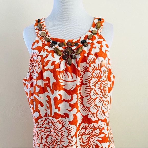 Jessica Howard Beaded Floral Orange Linen Blend Dress Grecian Halter Sz 14 - Picture 1 of 15